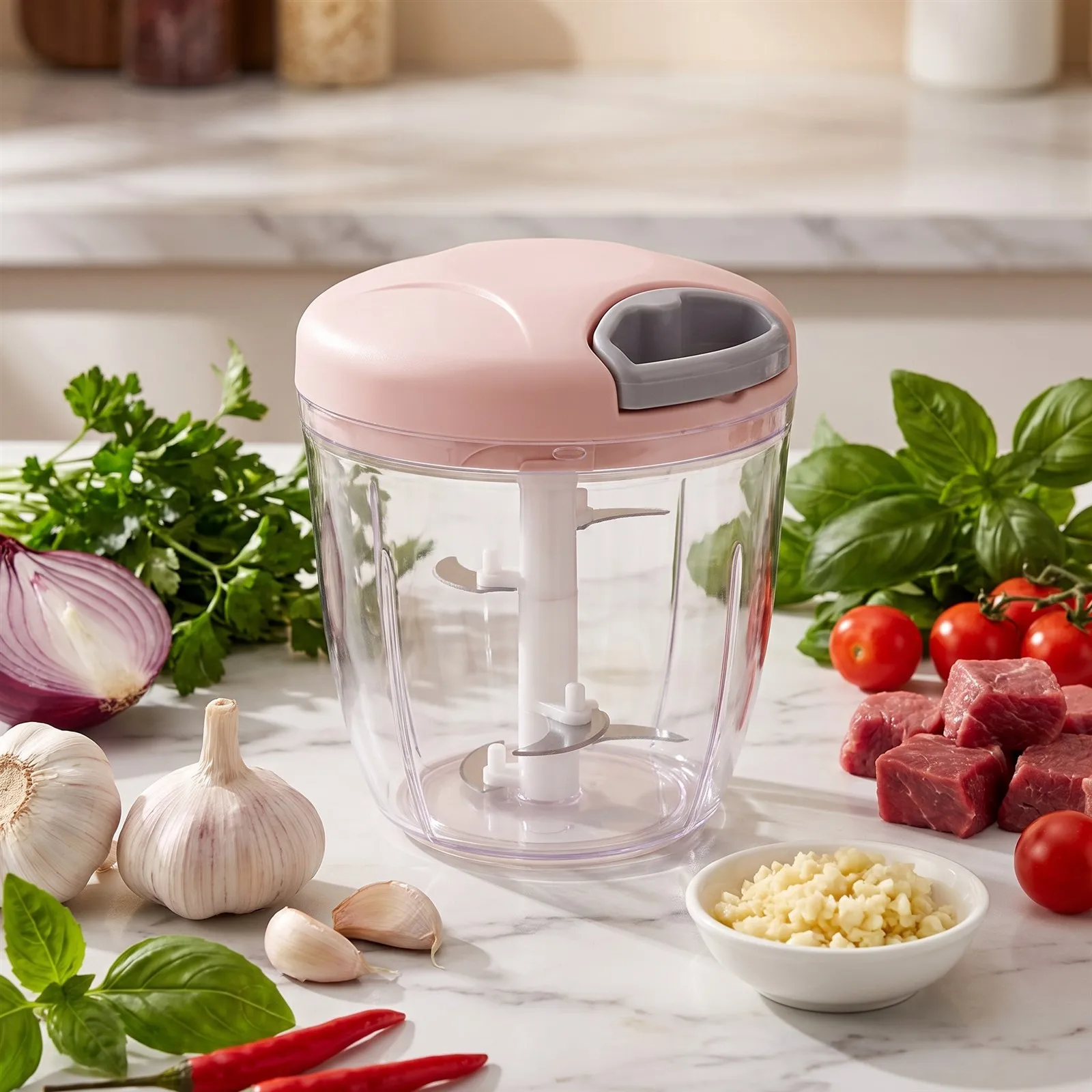 TwistPrep Rotating Chopper in pink on a marble worktop